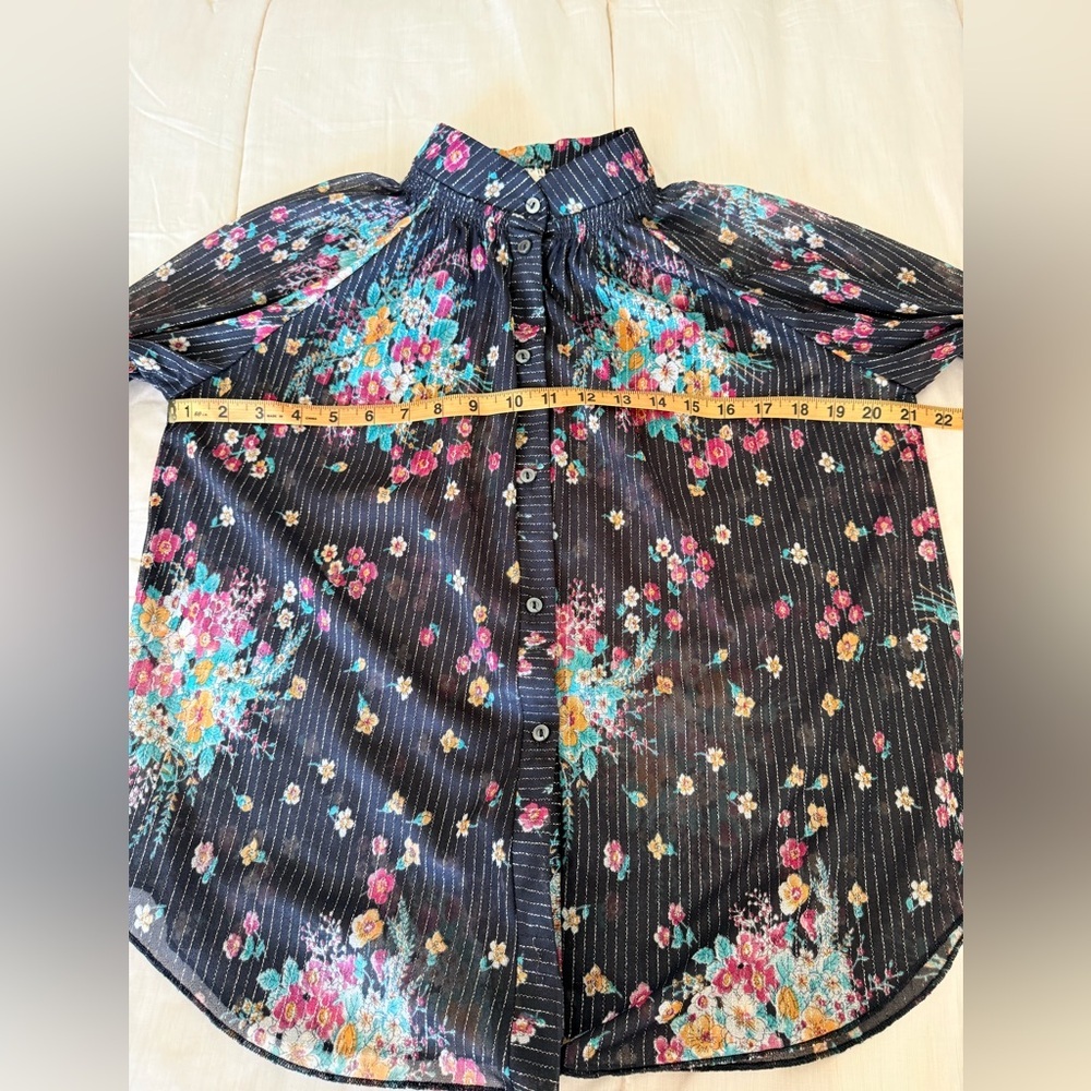Vintage 90’s sheer black floral button front blouse top gold metallic large - Picture 11 of 12